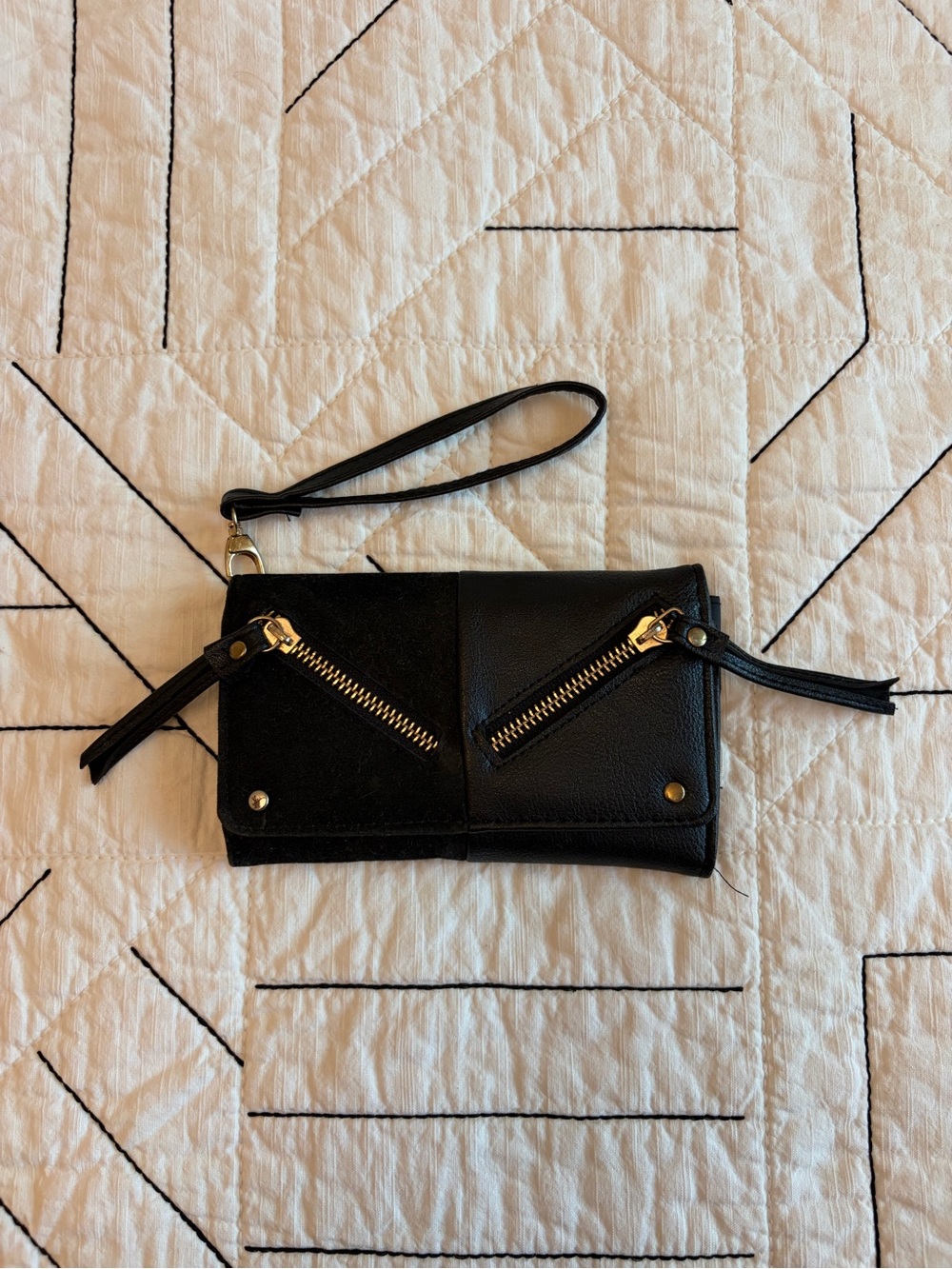 Black Large Wristlet with Gold Zippers